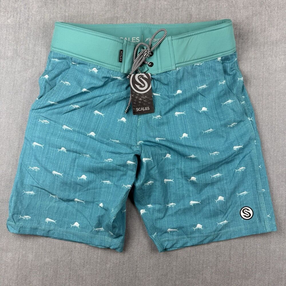 Scales First Mates Board Shorts Mens 32 Seafoam Fish Flat Front Pockets New
